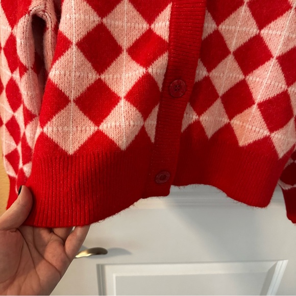 Monki Red and Light Pink Argyle Pattern Cardigan - Picture 6 of 7